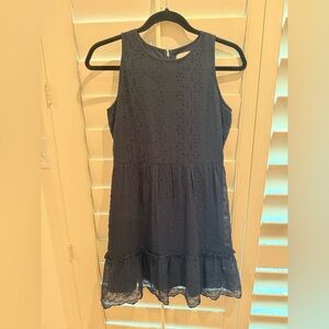 LOFT Petite Navy Blue Eyelet Sleeveless Ruffle Dress - Navy Size 2P
